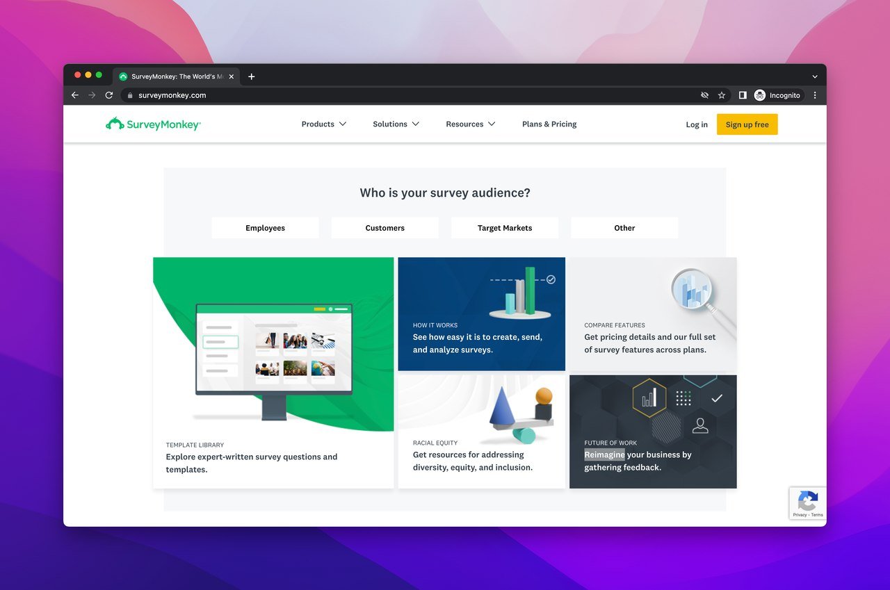SurveyMonkey ana sayfasının ekran görüntüsü. Şirketlere en iyi B2B SaaS özelliklerini sunan harika bir form oluşturucu araçtır.