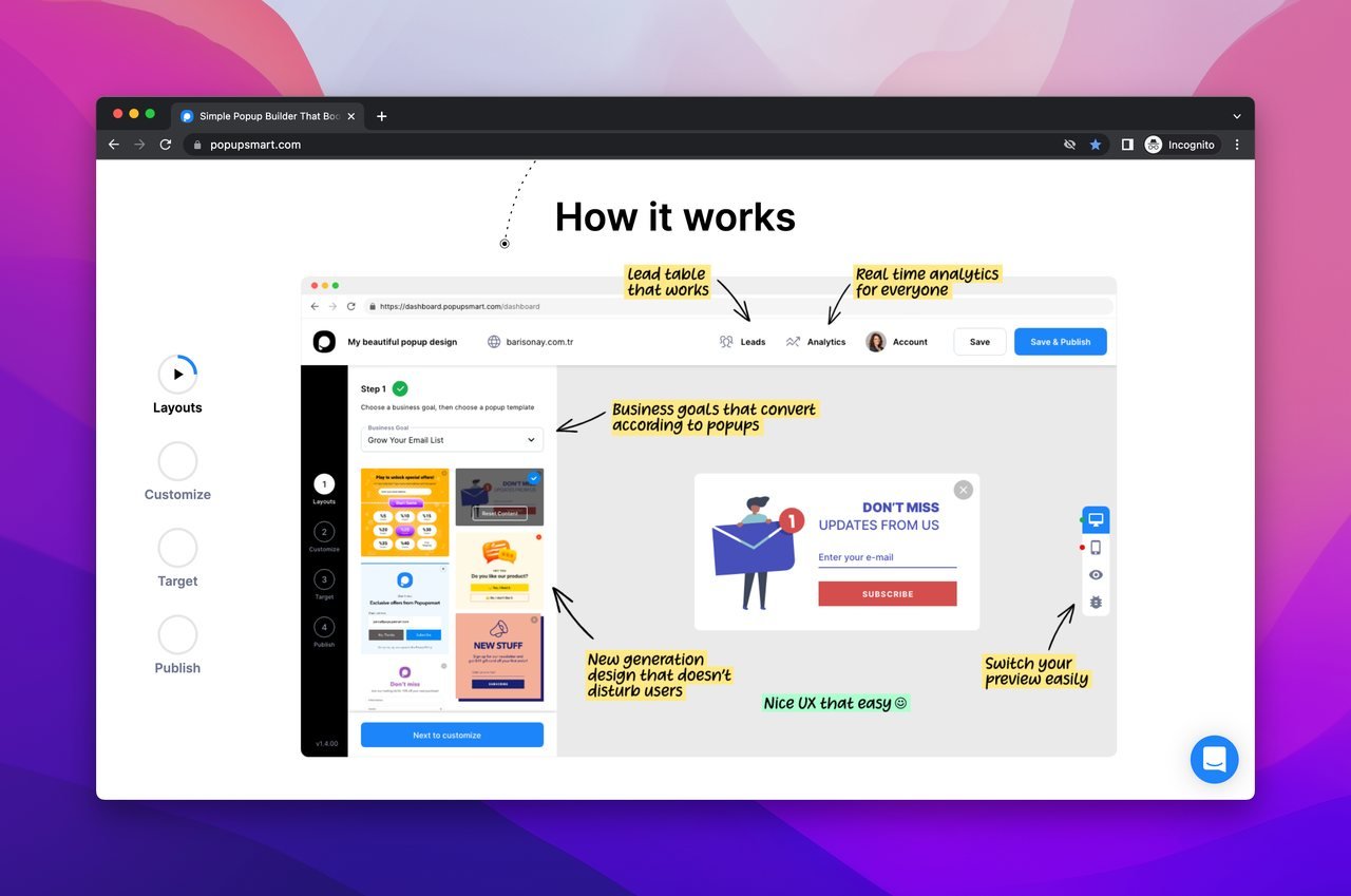 Popupsmart web sitesinin ekran görüntüsü, kodlama gerektirmeyen pop-up oluşturucu özellikleri gösteriyor, en iyi b2b saas hizmetlerini sunuyor