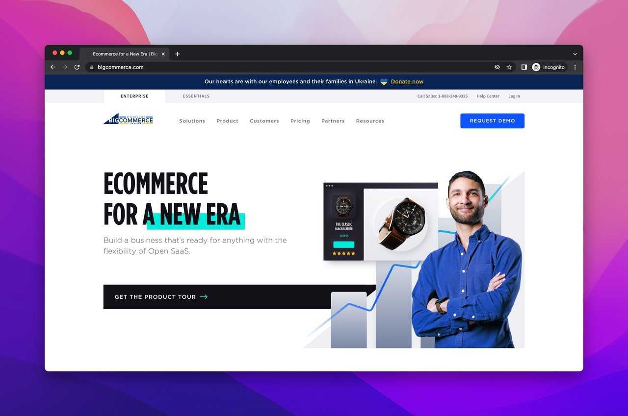 B2B SaaS özellikleri sunan, shopify.com gibi bir e-ticaret platformu olan BigCommerce'in ana sayfa ekran görüntüsü