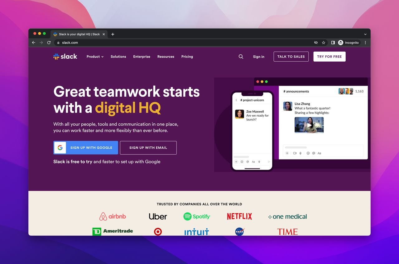 Slack'in ana sayfasının ekran görüntüsü, diğer şirketlere en iyi B2B SaaS hizmetlerini sunan bir iletişim aracı