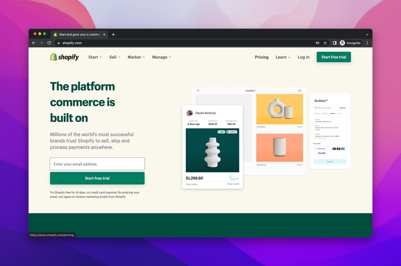 Shopify'nin ana sayfasının ekran görüntüsü, diğer şirketlere En İyi B2B SaaS özelliklerini sunan bir e-ticaret çevrimiçi mağaza kurucu