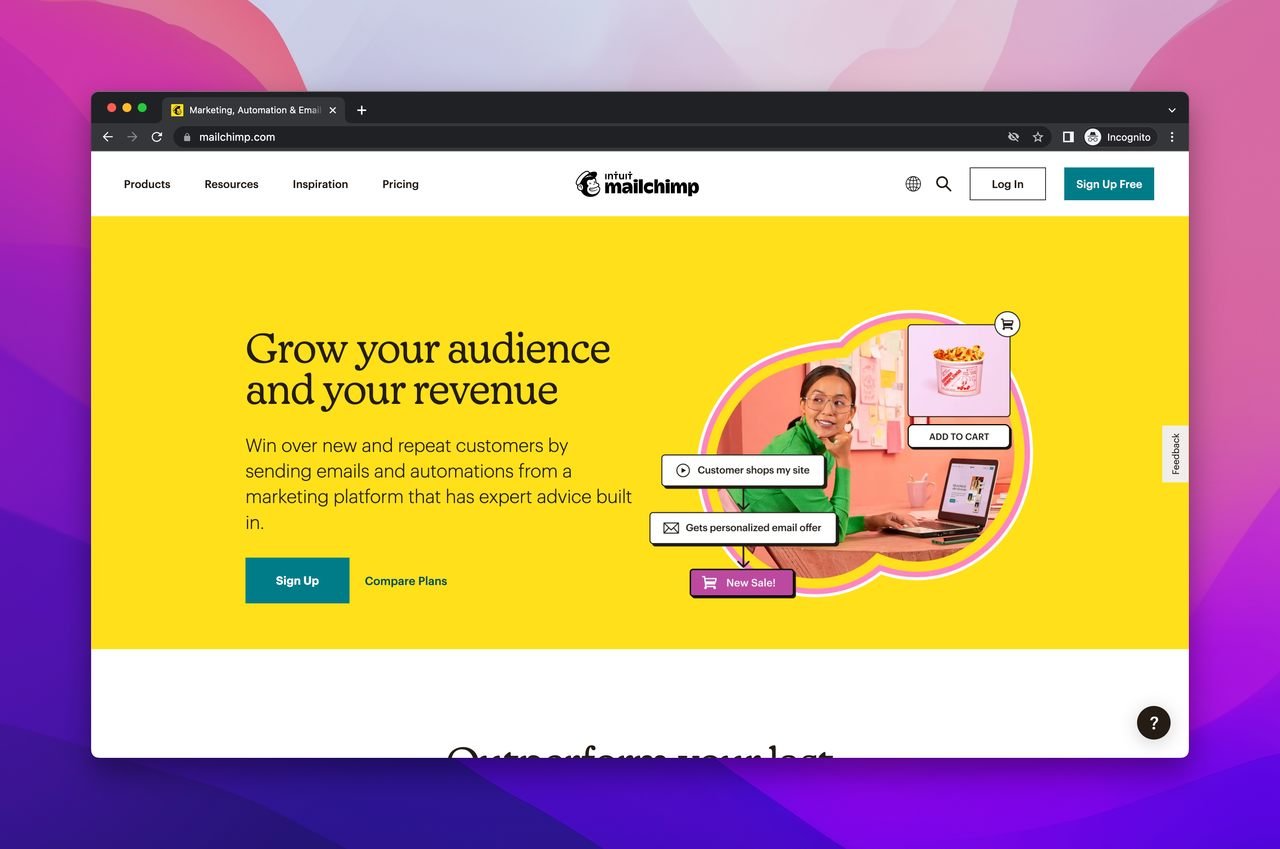 Mailchimp'in anasayfasının ekran görüntüsü, en iyi e-posta pazarlama araçlarından biri olarak en iyi B2B SaaS hizmetlerini sunuyor.