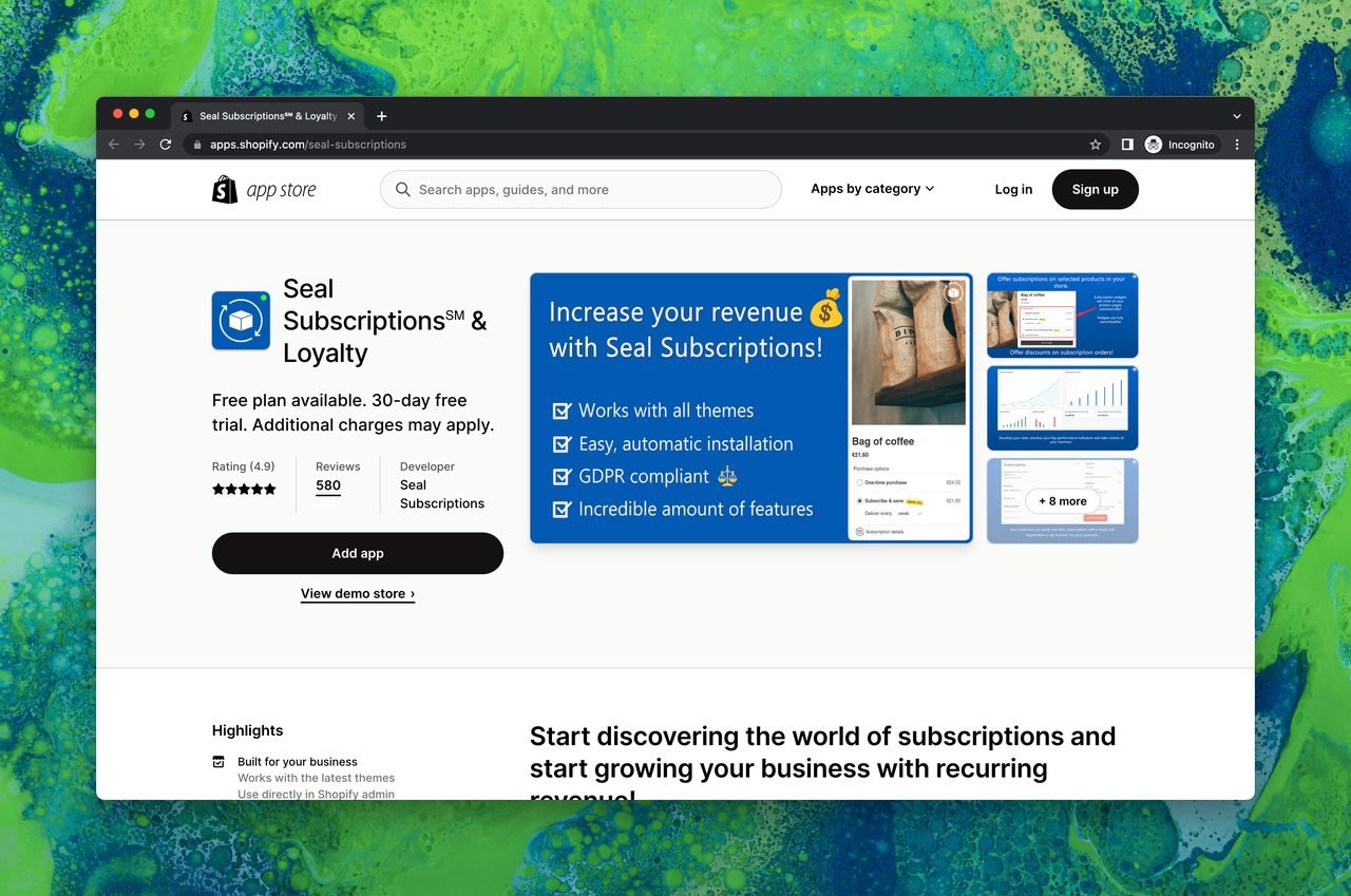 Shopify mağaza uygulamasında Seal Subscriptions & Loyalty sayfası