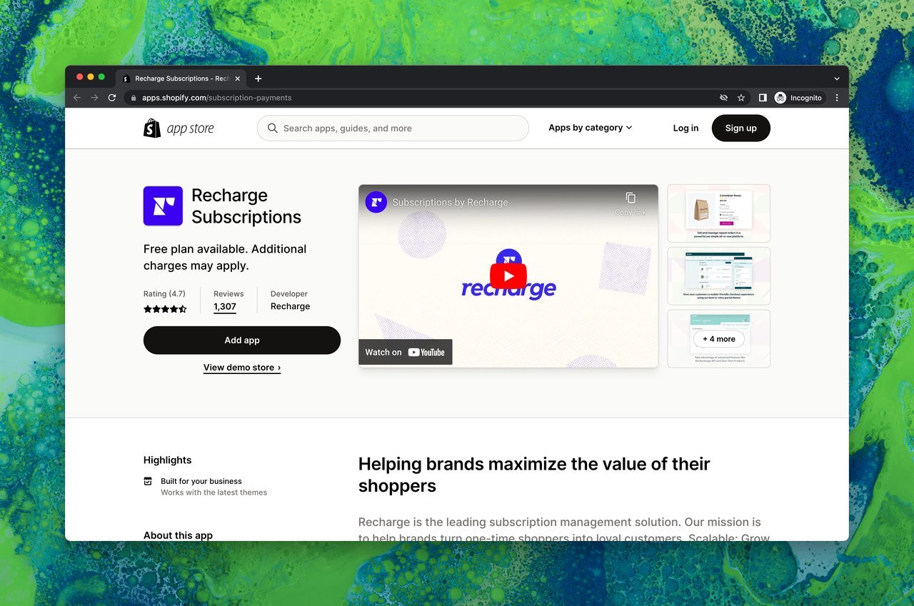 Shopify uygulama mağazasında Recharge Subscriptions sayfası