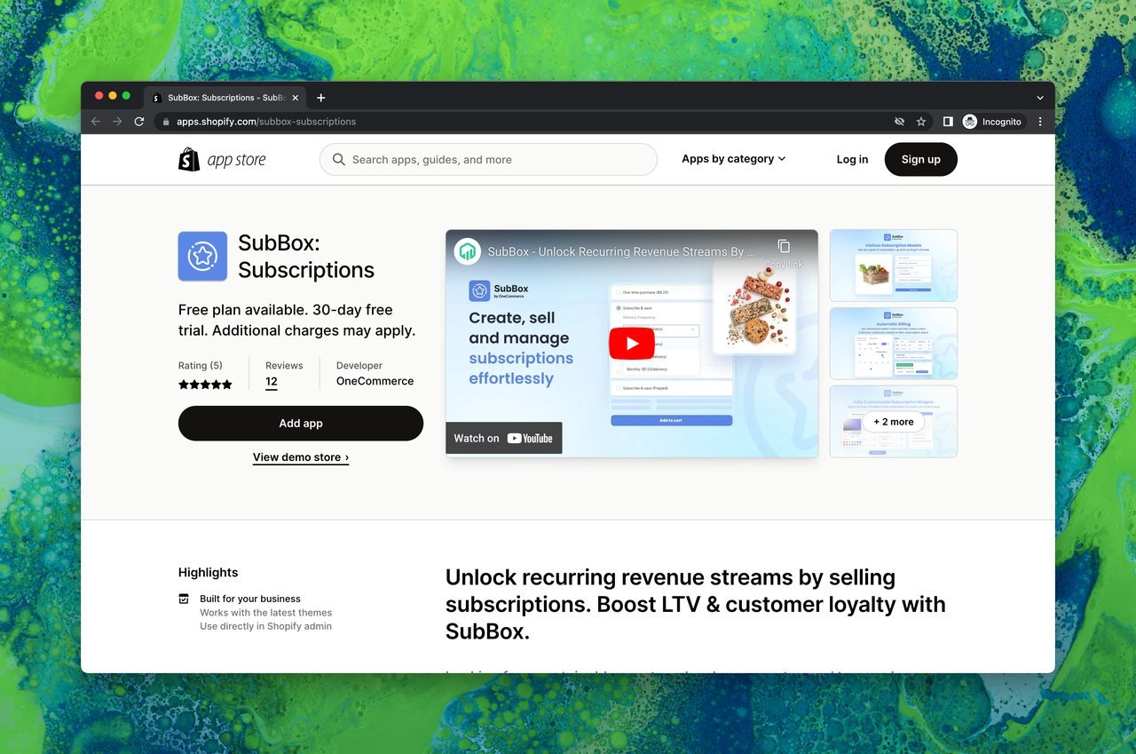 Shopify uygulama mağazasında SubBox Subscriptions sayfası