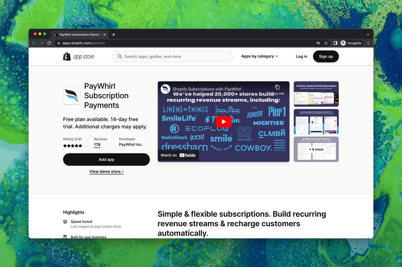 Shopify uygulama mağazasında PayWhirl Abonelik Ödemeleri sayfası