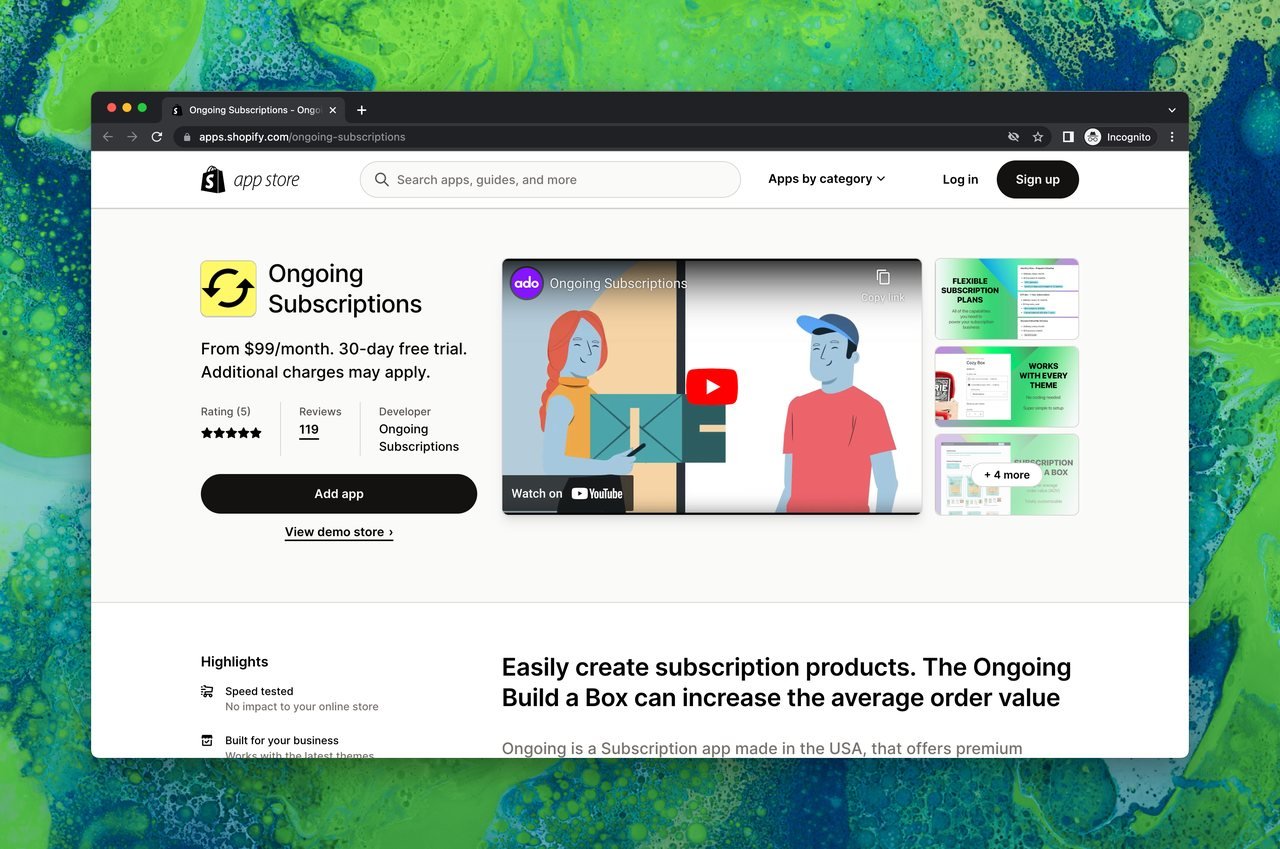 Shopify uygulama mağazasında Ongoing Subscriptions sayfası