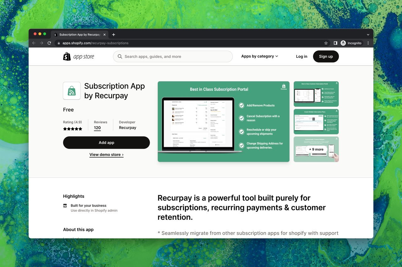 Shopify uygulama mağazasında Subscription App by Recurpay sayfası