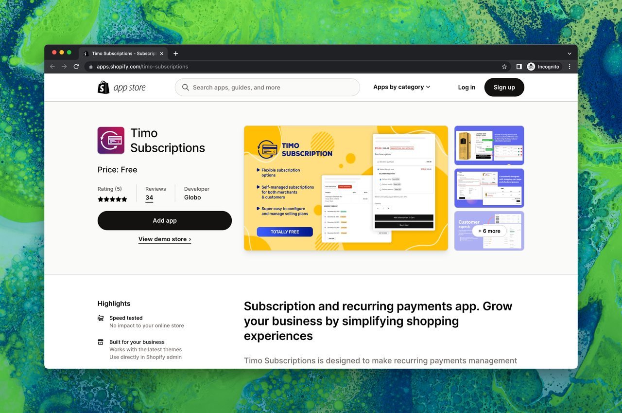Shopify uygulama mağazasında Timo Subscriptions sayfası