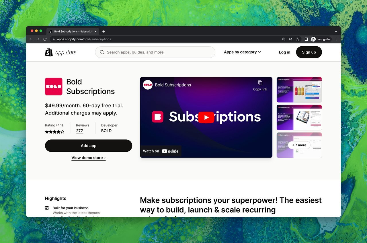 Shopify uygulama mağazasında Bold Subscriptions sayfası