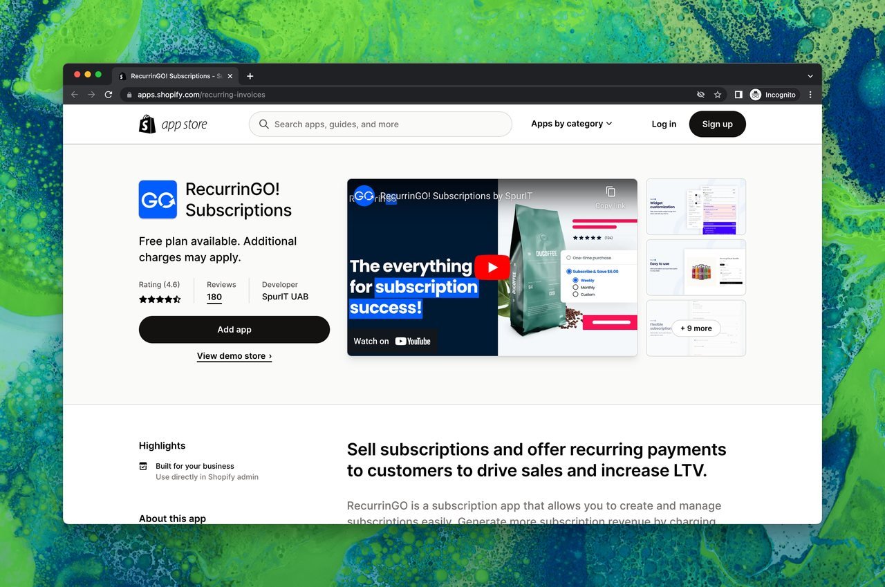 Shopify uygulama mağazasında RecurrinGO! Subscriptions sayfası