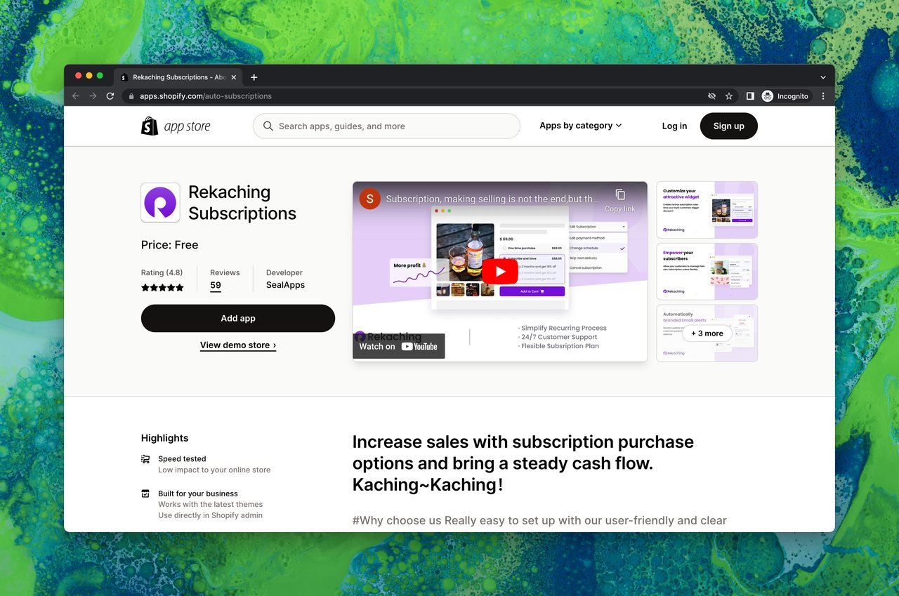 Shopify uygulama mağazasında Rekaching Subscriptions sayfası