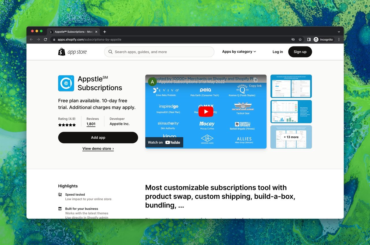 Shopify uygulama mağazasında Appstle℠ Subscriptions sayfası