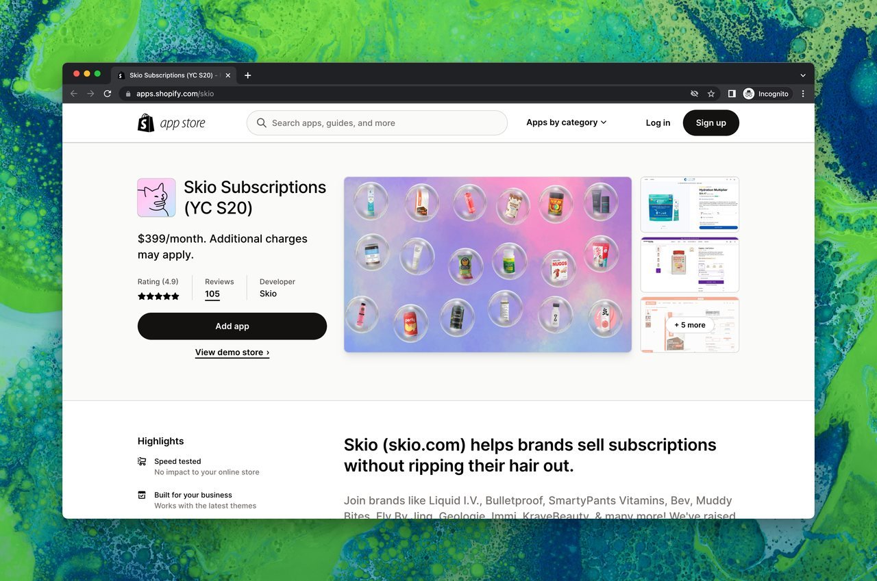Shopify uygulama mağazasında Skio Subscriptions sayfası