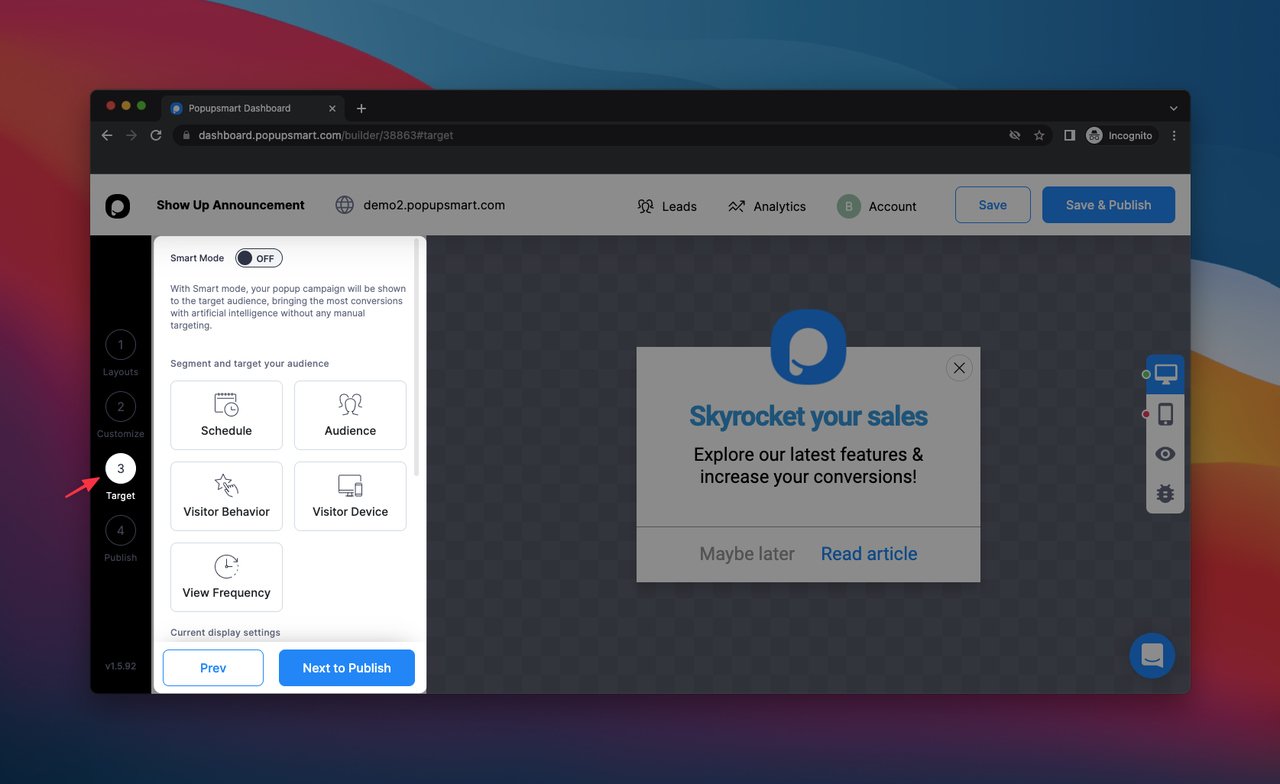 Popupsmart popup oluşturucu kontrol panelinde “Hedefle” sayfası