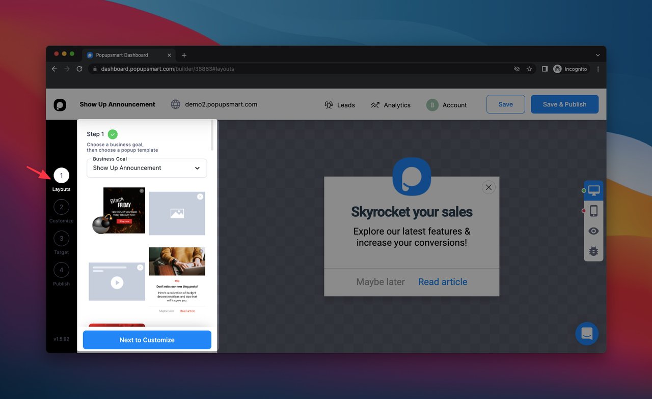 Popupsmart popup oluşturucu kontrol panelinde Düzenler sayfası ve popup örnekleri