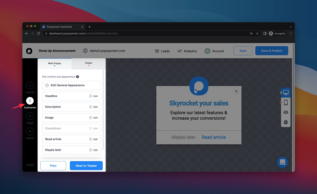 Popupsmart popup oluşturucu kontrol panelinde Özelleştir sayfası