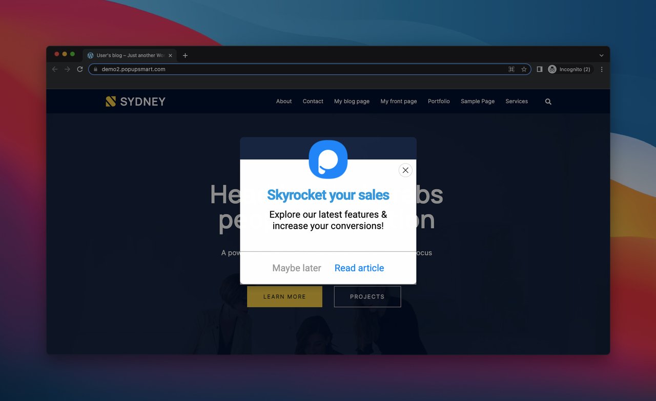 Popupsmart ile oluşturulmuş son hali, "Satışlarınızı artırın, en son özelliklerimizi keşfedin ve dönüşümleri artırın!" yazan ve "Belki sonra" ve "Makaleleri oku" butonlarına sahip popup