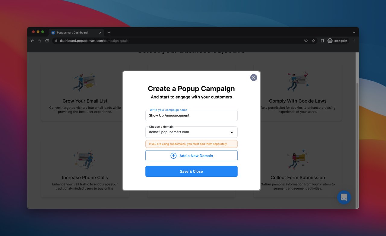Popupsmart popup oluşturucu kontrol panelinde "Bir Popup Kampanyası Oluştur" penceresi