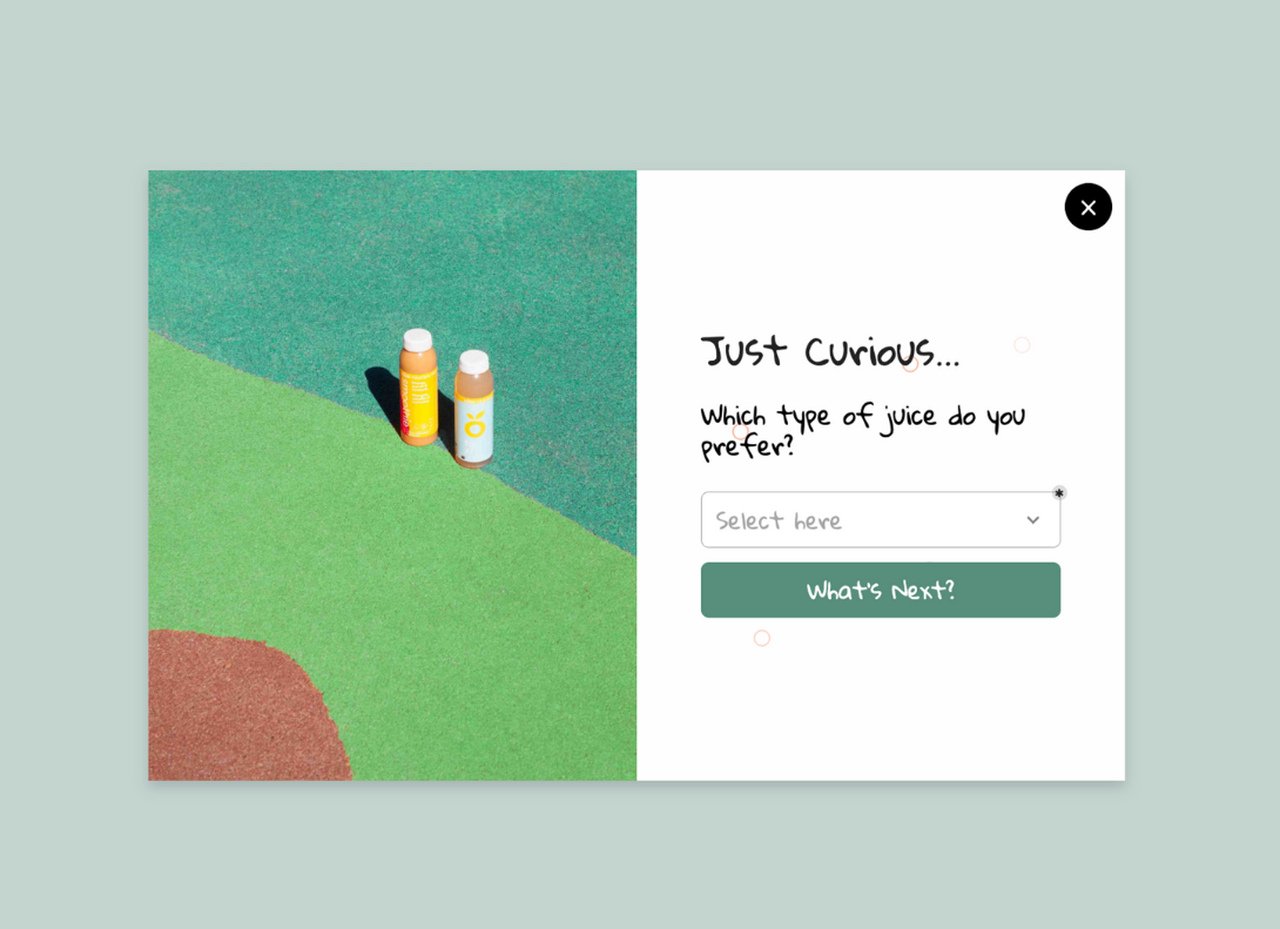 ziyaretçilerin meyve suyu ilgileri ile ilgili bir psikografik soru içeren anket popup örneği