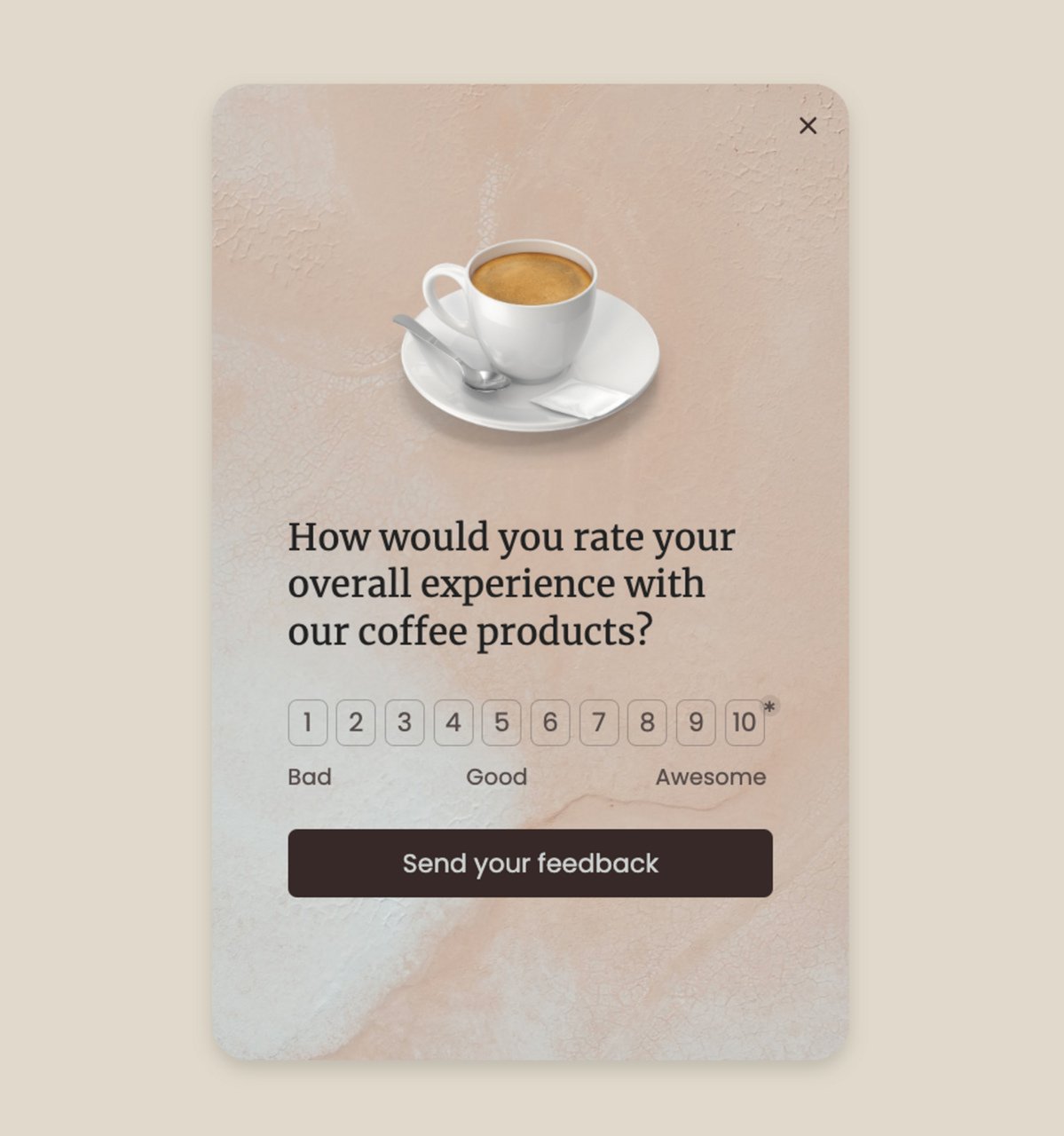 marka ile ilgili müşteri deneyimi hakkında psiko-grafik soru pop-up örneği