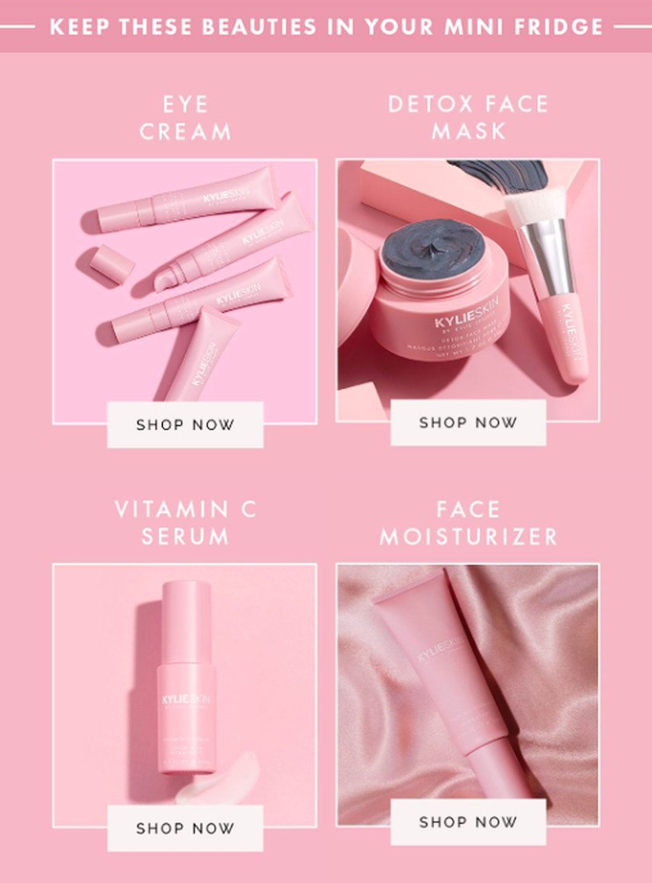 Kylie Cosmetics cross-sell section showing skincare products to keep in the restocked mini fridge