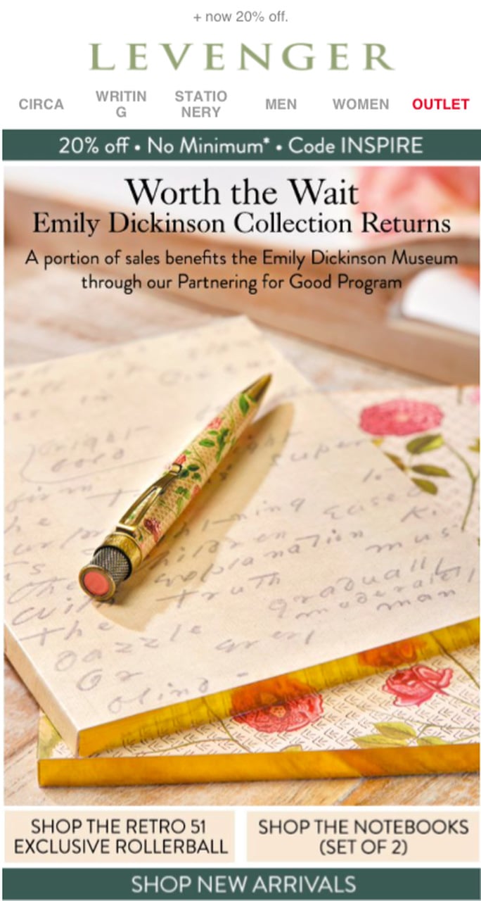 Levenger back-in-stock email for Emily Dickinson collection with discount code and museum partnership details