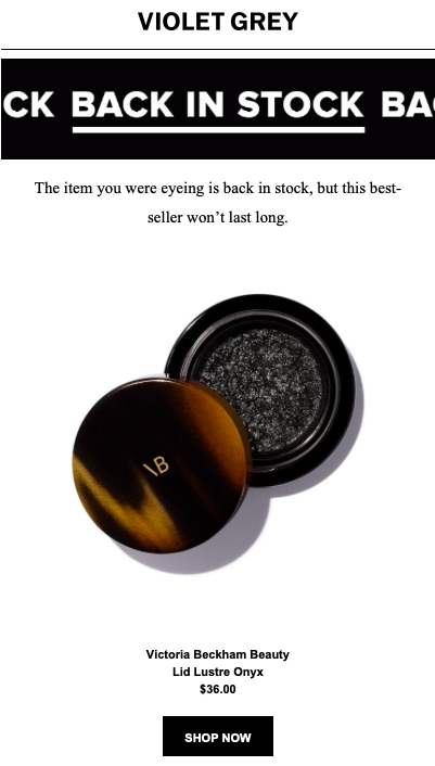 Violet Grey back-in-stock email with best-seller badge and product pricing details