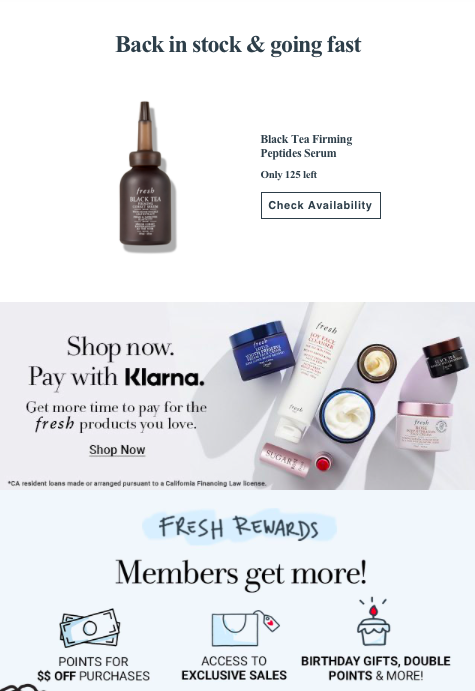 Fresh second product section showing back in stock and going fast messaging with loyalty rewards
