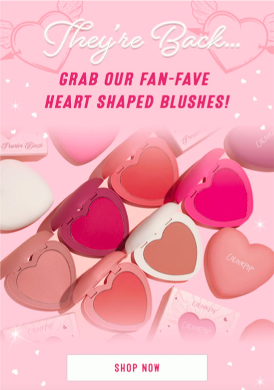 Colourpop back-in-stock email featuring fan-fave beauty products with colorful product photography