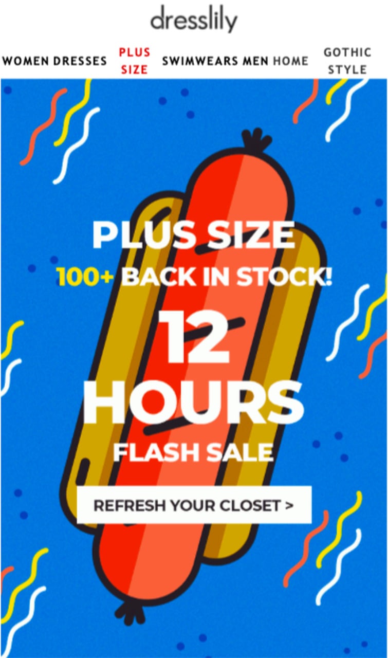 Dresslily back-in-stock email with creative hot dog pool design and 12-hour flash sale countdown