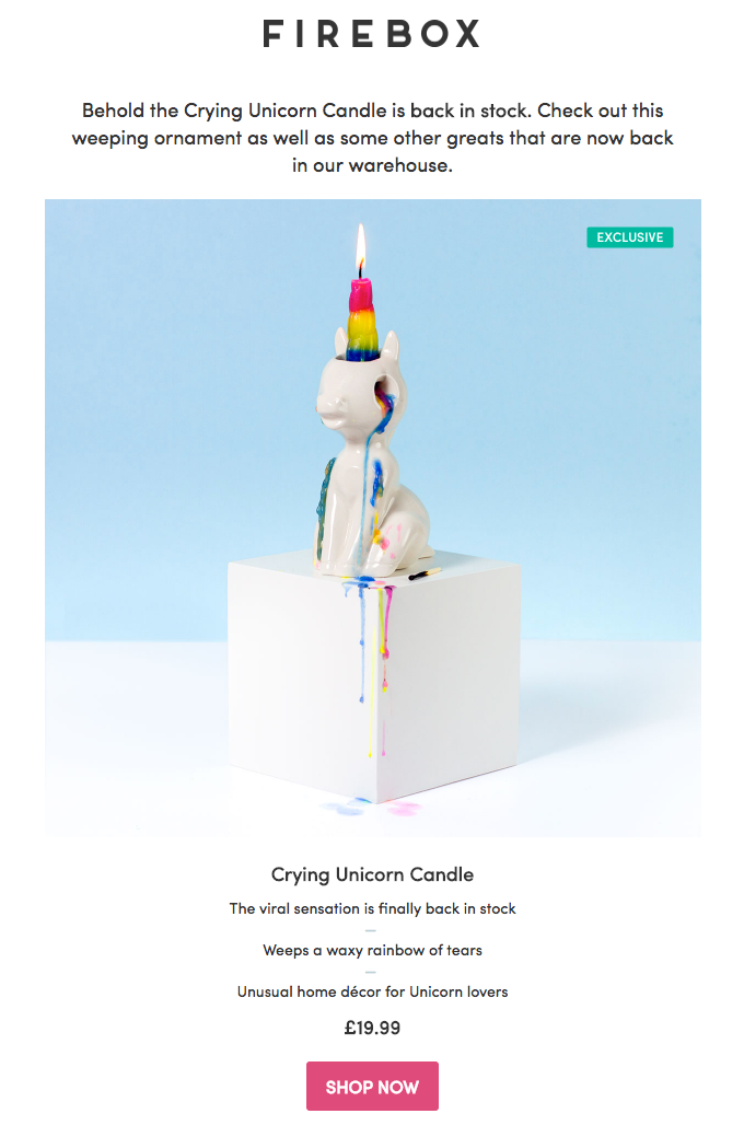 Firebox back-in-stock email for unicorn-themed product with detailed personality-driven product description