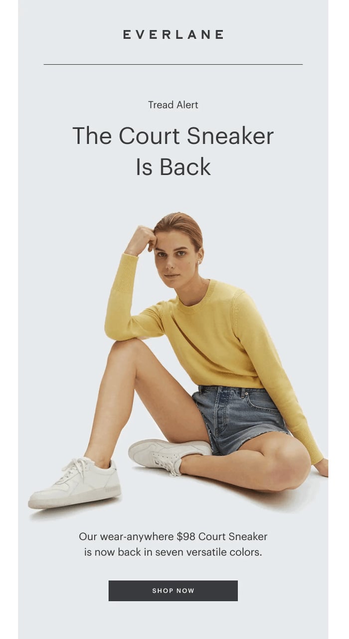 Everlane back-in-stock email announcing sneaker restock with color options and pricing details