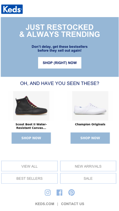 Keds back-in-stock email showing always trending best-sellers with SHOP RIGHT NOW button and additional product sections