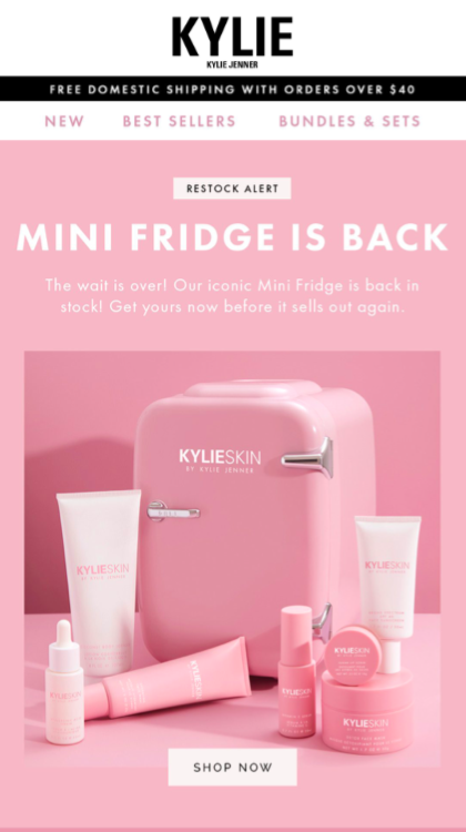 Kylie Cosmetics back-in-stock email announcing mini fridge restock with SHOP NOW button