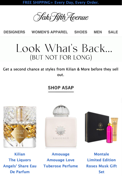 Saks Fifth Avenue back-in-stock email with Look What's Back BUT NOT FOR LONG headline and SHOP ASAP button