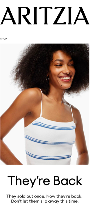 Aritzia back-in-stock email with They're Back headline and product grid showing restocked items