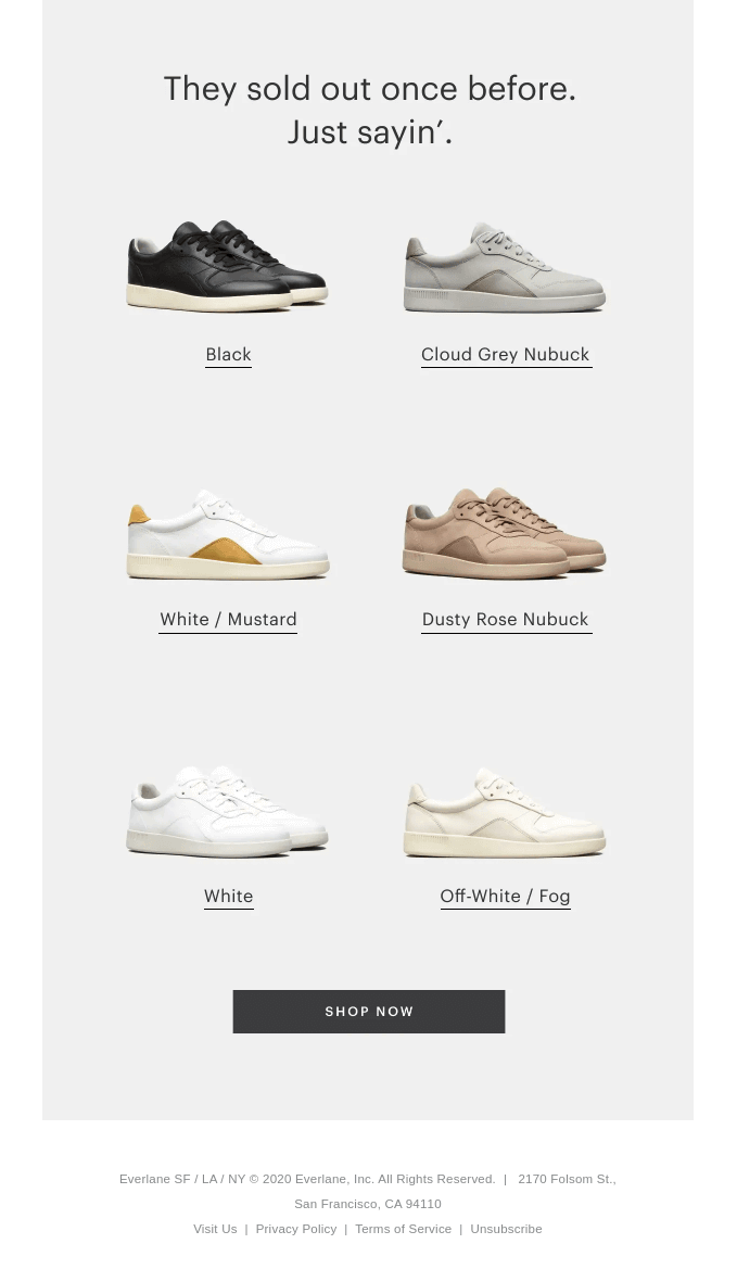 Everlane cross-sell section showing color variants with They sold out once before messaging