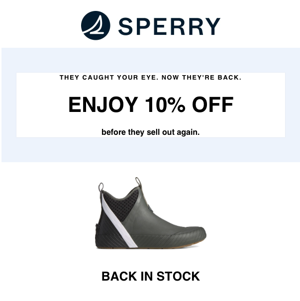 Sperry back-in-stock email offering 10 percent off with brief product-focused copy and BACK IN STOCK label