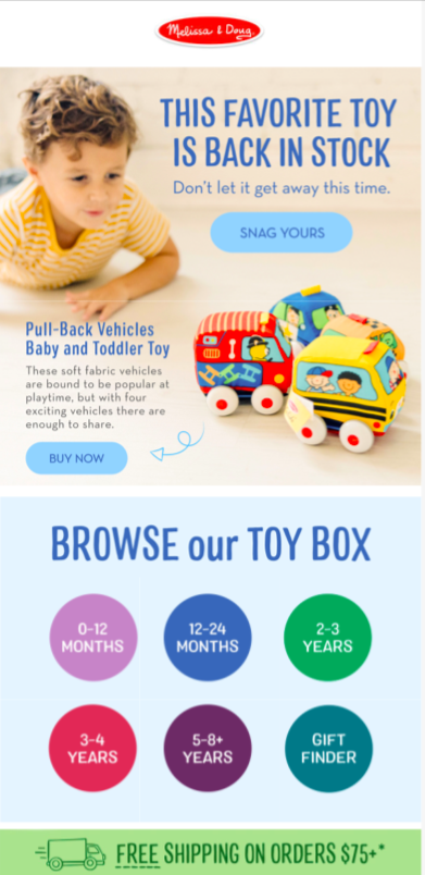 Melissa and Doug back-in-stock email featuring toy product with age-group categorized recommendations