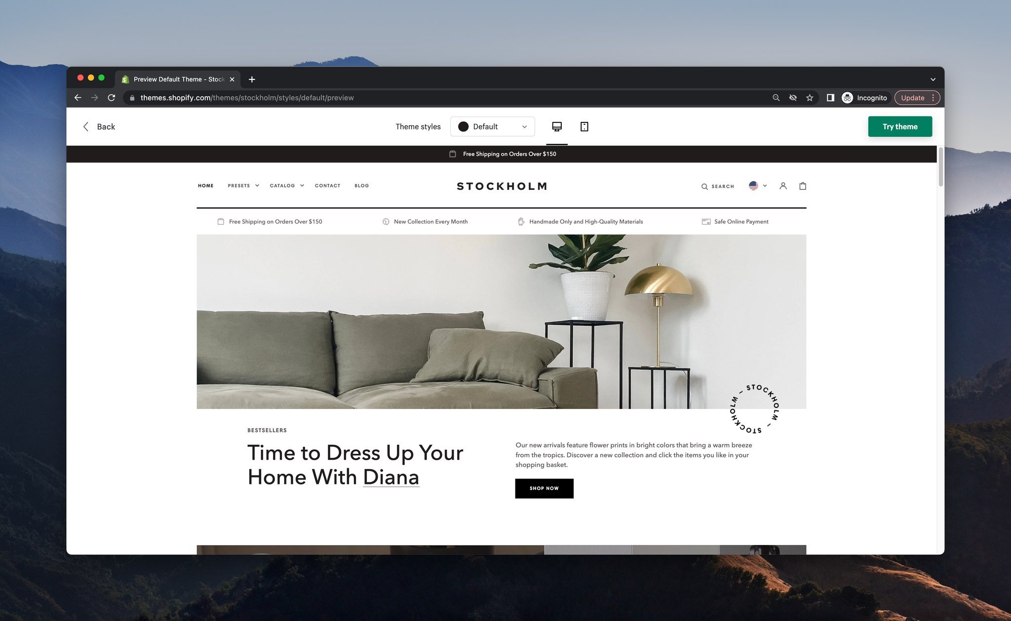 a screenshot of a demo store of Shopify template called Stockholm