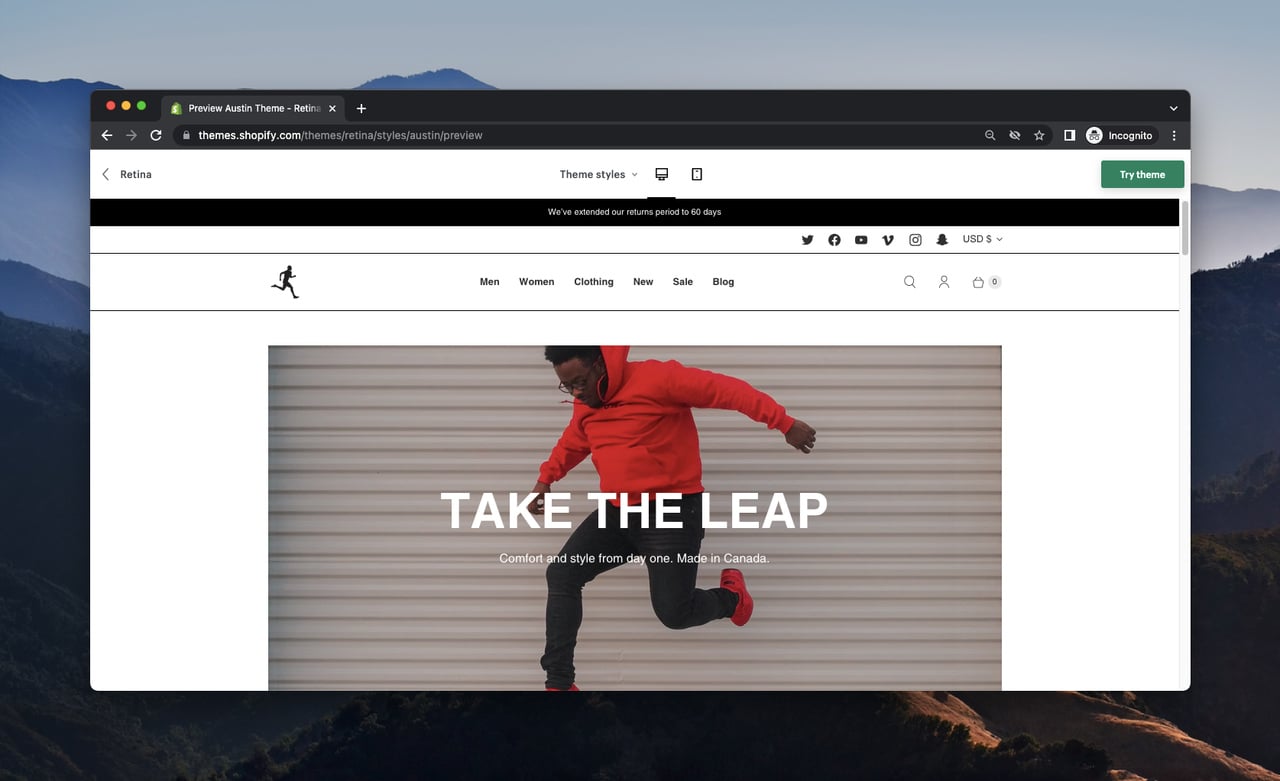 a screenshot of a demo store of Shopify template called Retina