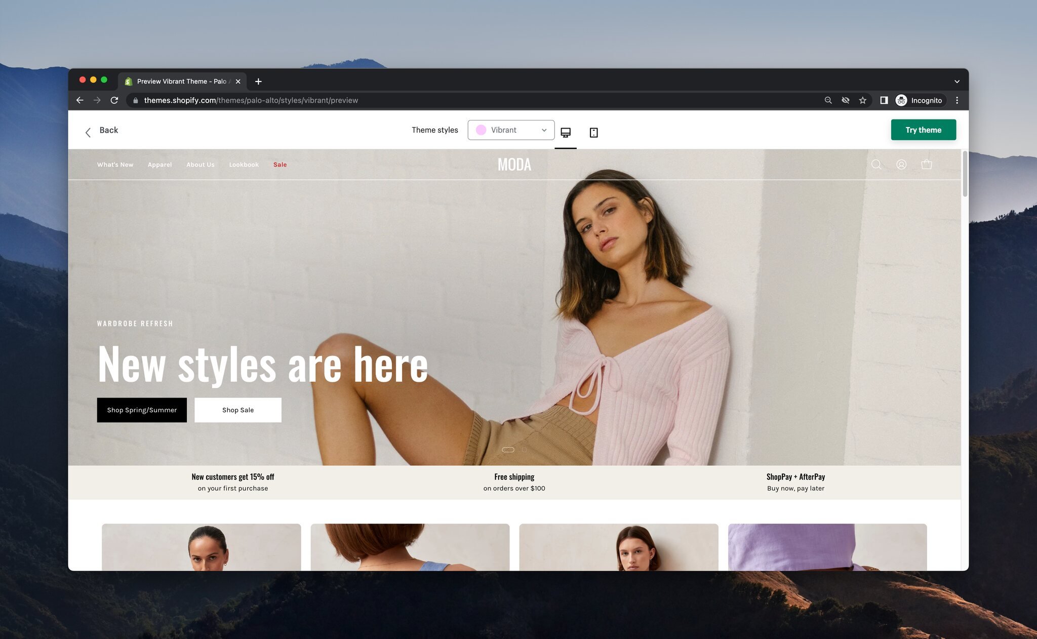 a screenshot of a demo store of Shopify template called Palo Alto