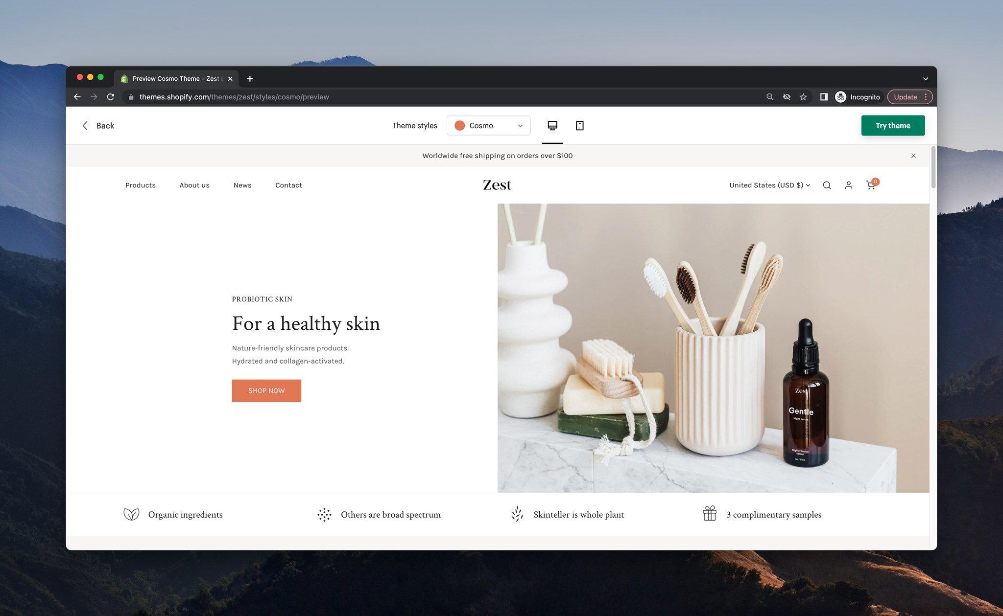a screenshot of a demo store of Shopify template called Zest