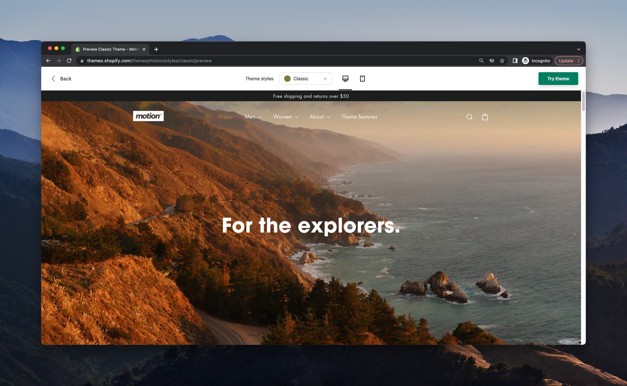 a screenshot of a demo store of Shopify theme called Motion