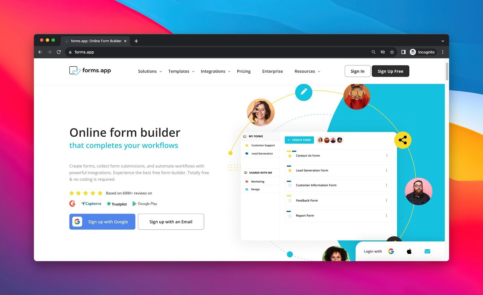 forms.app'in ana sayfa görünümü, müşteri geri bildirimi toplamak için kullanılabilecek en iyi form araçlarından biri