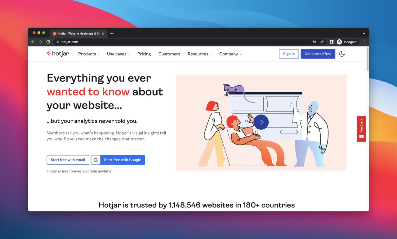Hotjar anasayfasının ekran görüntüsü, bir web sitesi geri bildirim aracıdır
