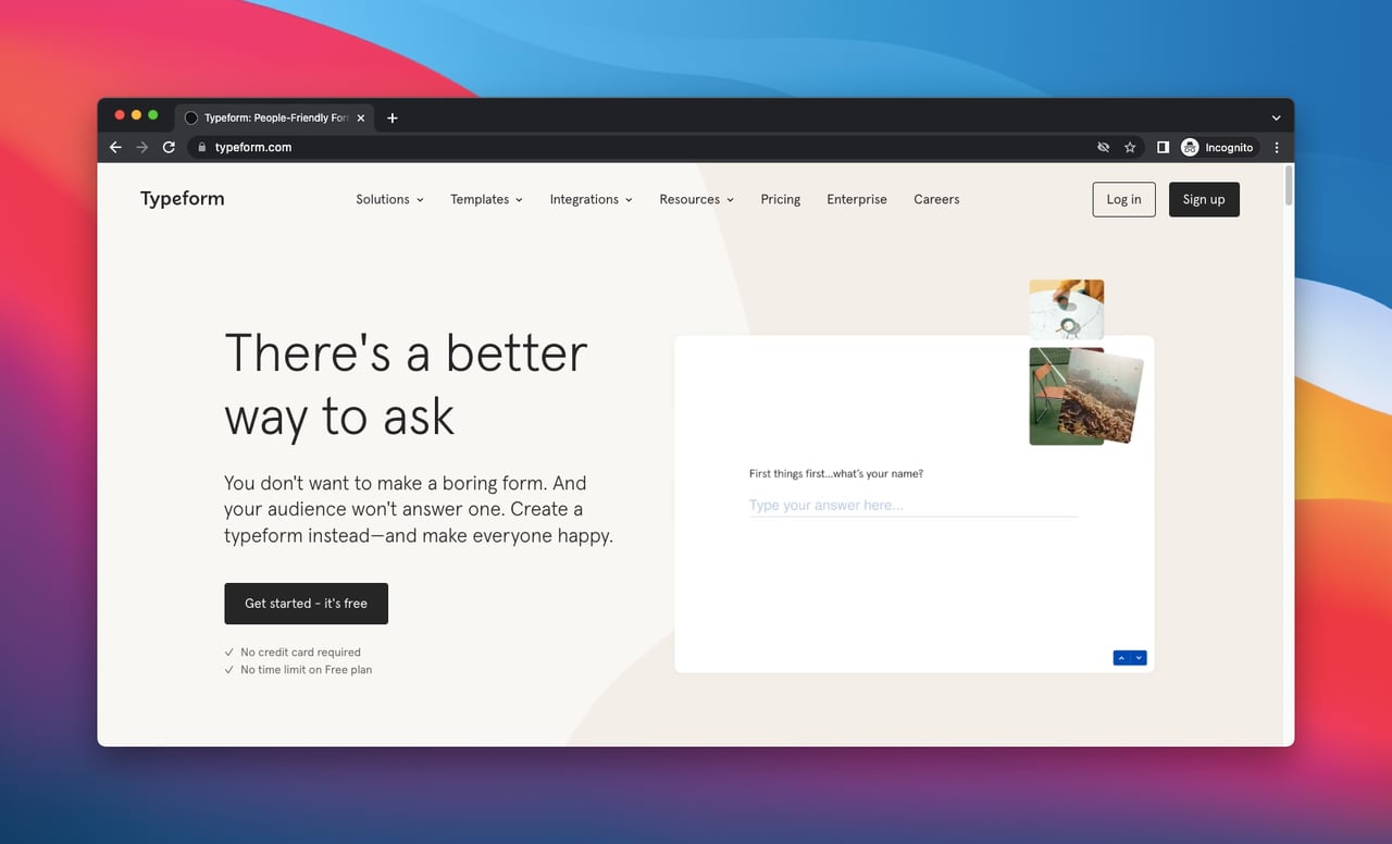 Typeform'un ana sayfasının ekran görüntüsü, müşteri geri bildirim aracı olan bir web sitesi