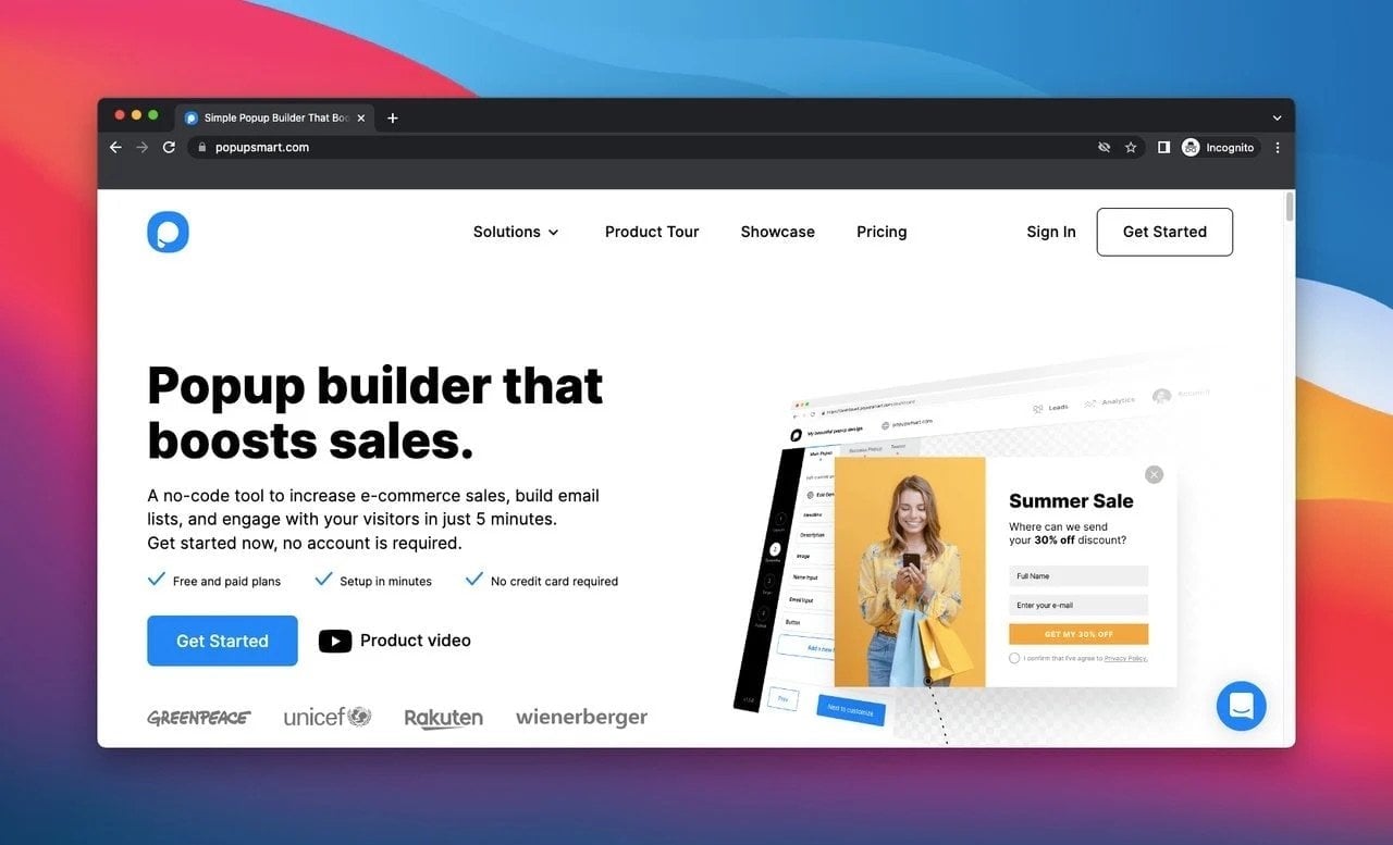 Popupsmart ana sayfasının ekran görüntüsü, pop-up oluşturma aracı