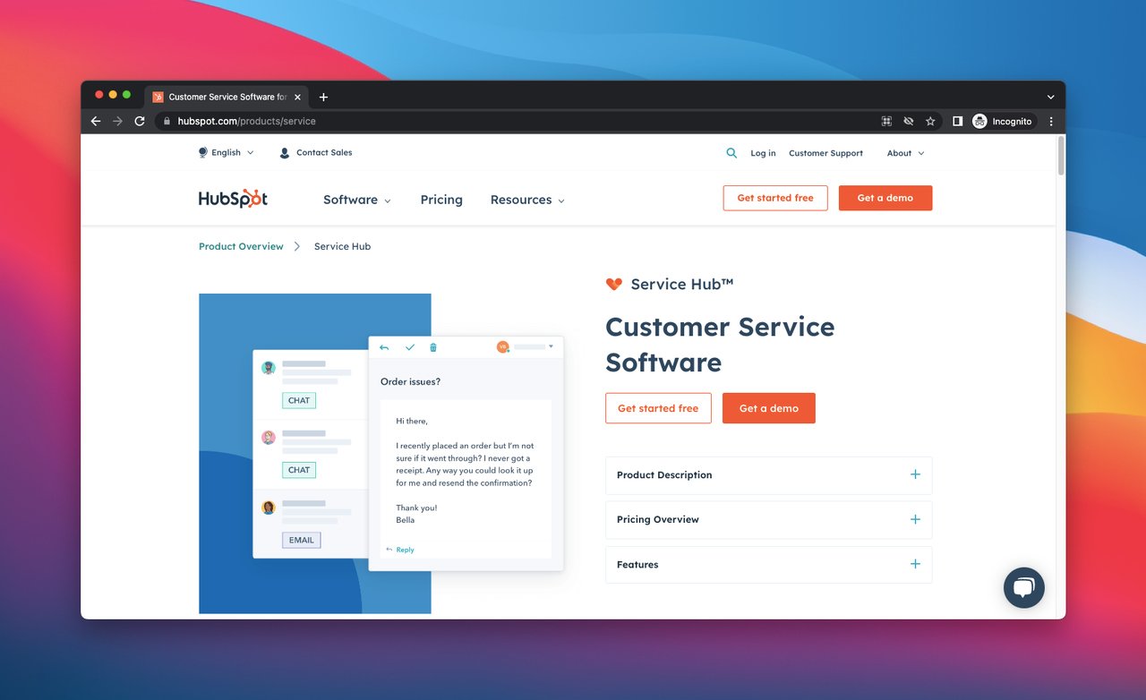 Müşteri geri bildirim hizmeti olan HubSpot ana sayfasının ekran görüntüsü